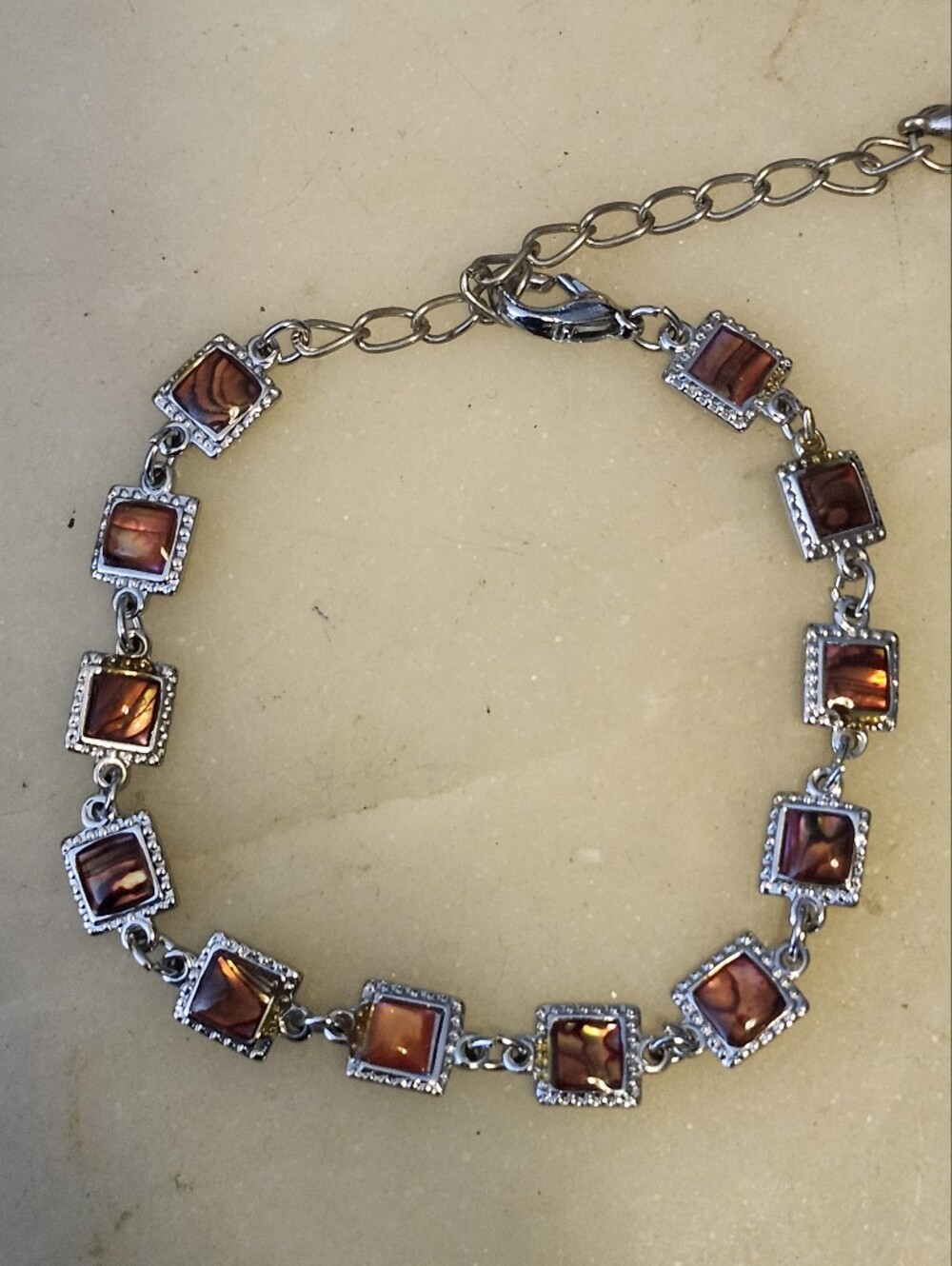 Silver-Tone Brown Square Stone Bracelet/Anklet